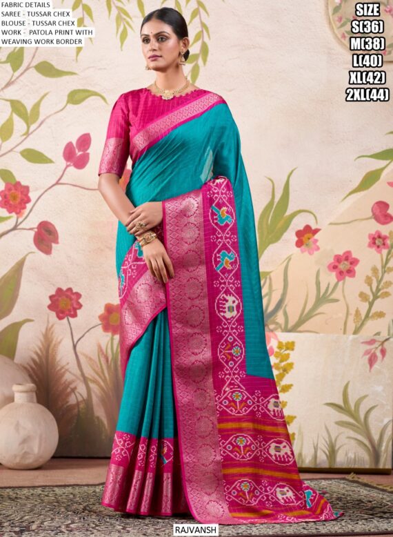 Graceful Tussar Chex Patola Printed Weaving Worked Sarees For The Upcoming Festivals