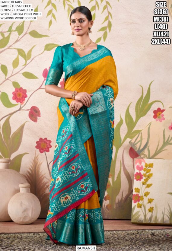 Graceful Tussar Chex Patola Printed Weaving Worked Sarees For The Upcoming Festivals