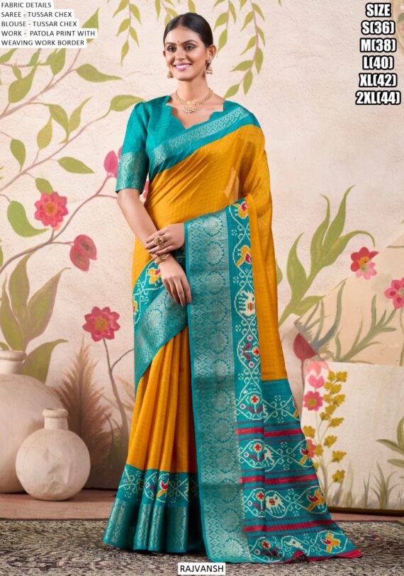 Graceful Tussar Chex Patola Printed Weaving Worked Sarees For The Upcoming Festivals