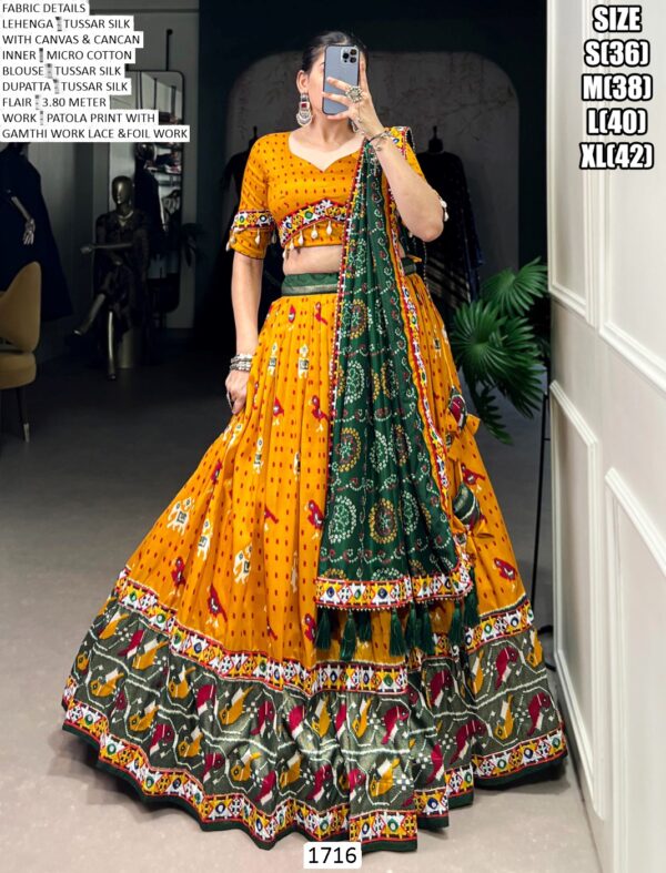 Yellow Colour Tussar Silk Patola Printed Readymade Navratri Lehenga Choli