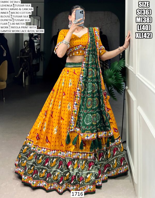 Yellow Colour Tussar Silk Patola Printed Readymade Navratri Lehenga Choli