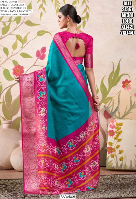Graceful Tussar Chex Patola Printed Weaving Worked Sarees For The Upcoming Festivals