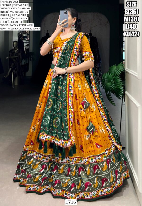 Yellow Colour Tussar Silk Patola Printed Readymade Navratri Lehenga Choli