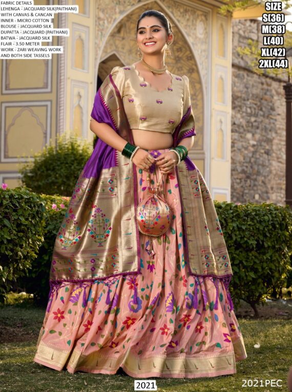 Wedding Wear Zari Weaving Work Jacquard Silk (Paithani) South-Indian Lehenga Choli