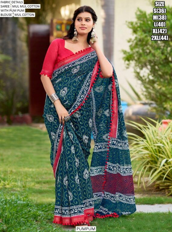 Here We Offer A Printed Pure Cotton Mul Mul Party Wear Saree With Blouse