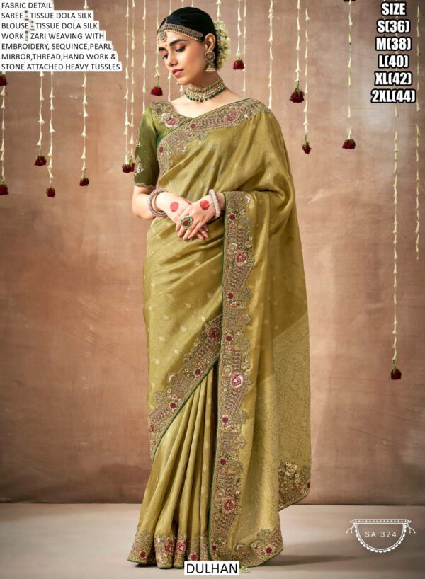 Make A Graceful Bridal Statement With This Tissue Dola Silk Saree With Designer Blouse