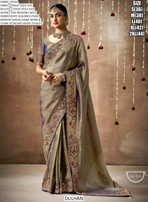 Make A Graceful Bridal Statement With This Tissue Dola Silk Saree With Designer Blouse