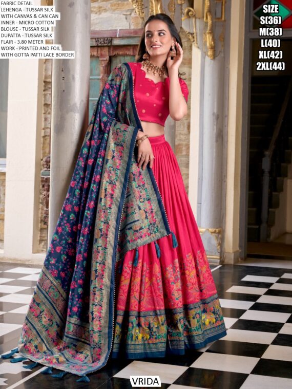 Aesthetic Semi-Stitched Tussar Silk Foil Printed Lehenga Choli For Weddings