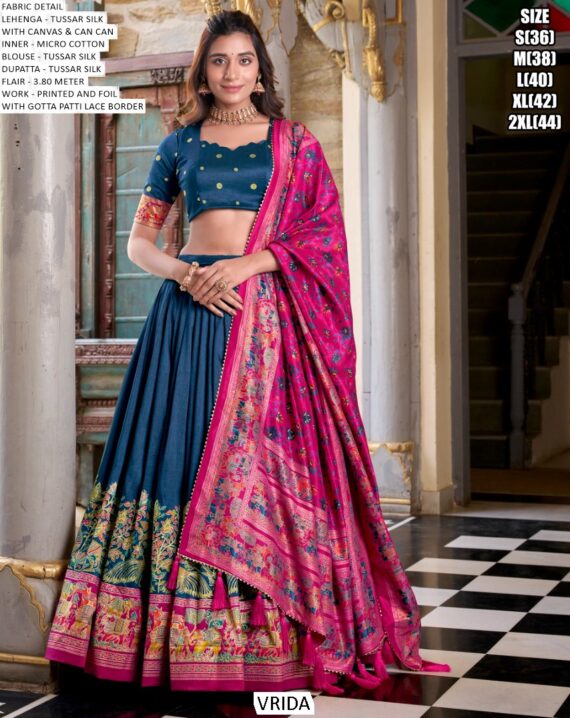 Aesthetic Semi-Stitched Tussar Silk Foil Printed Lehenga Choli For Weddings