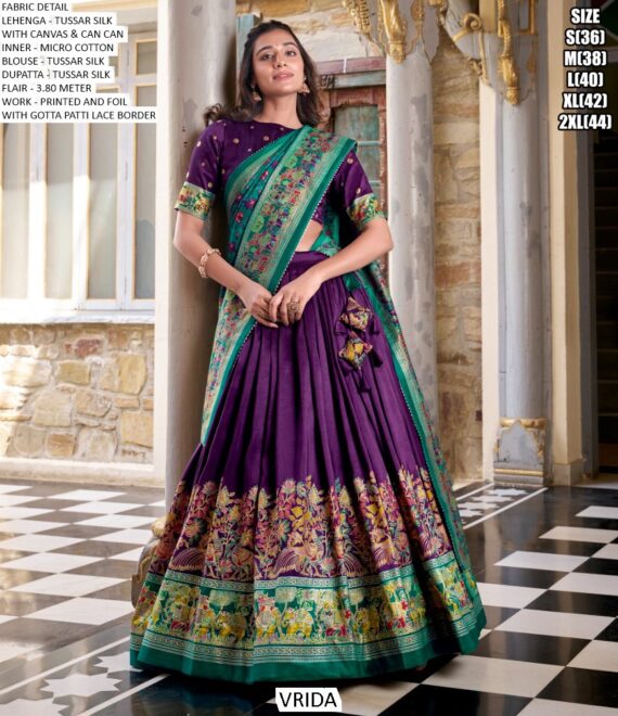 Aesthetic Semi-Stitched Tussar Silk Foil Printed Lehenga Choli For Weddings