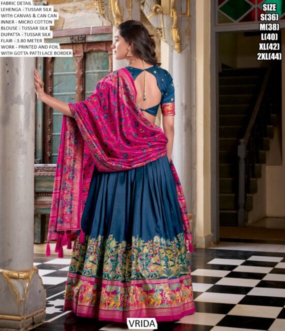 Aesthetic Semi-Stitched Tussar Silk Foil Printed Lehenga Choli For Weddings