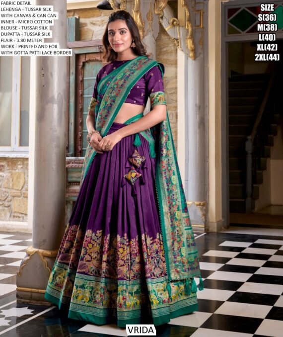 Aesthetic Semi-Stitched Tussar Silk Foil Printed Lehenga Choli For Weddings