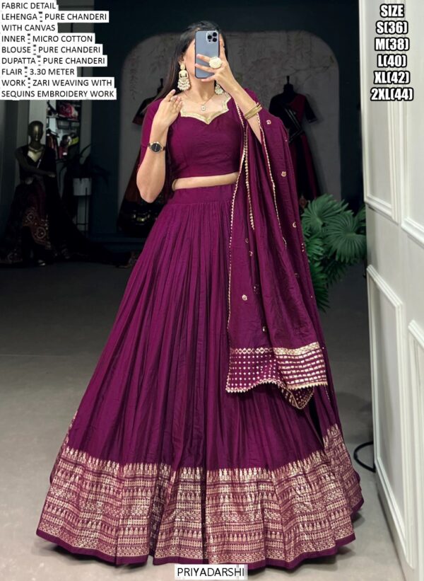 This Dazzling Pure Chanderi Plain With Zari Weaving Work Lehenga Choli Sets