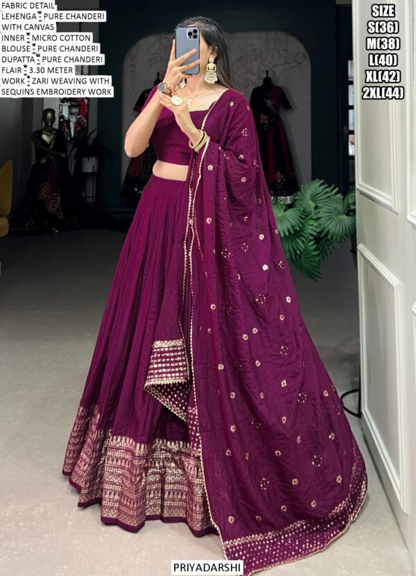 This Dazzling Pure Chanderi Plain With Zari Weaving Work Lehenga Choli Sets