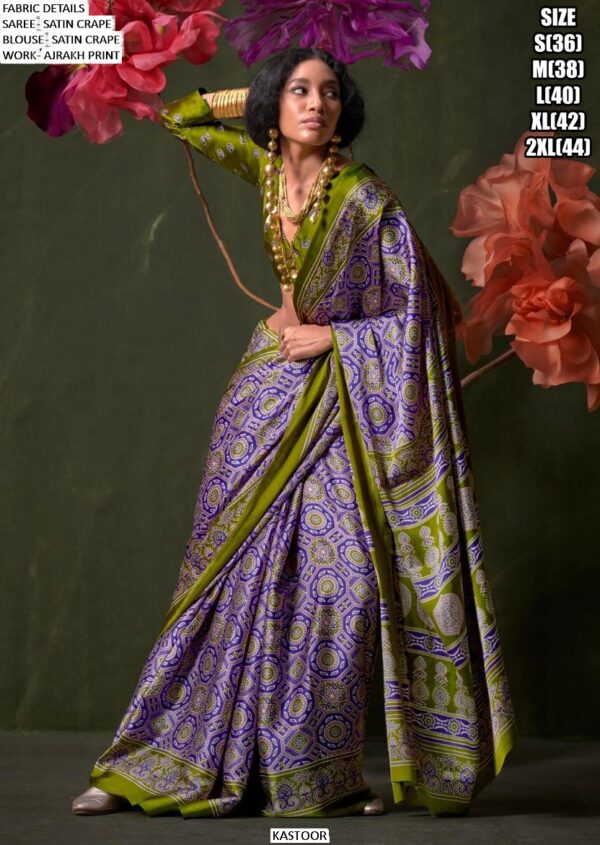 Printed Ajrakh Satin Crape Festive Wear Sarees With Ethnic Artistic Patterns