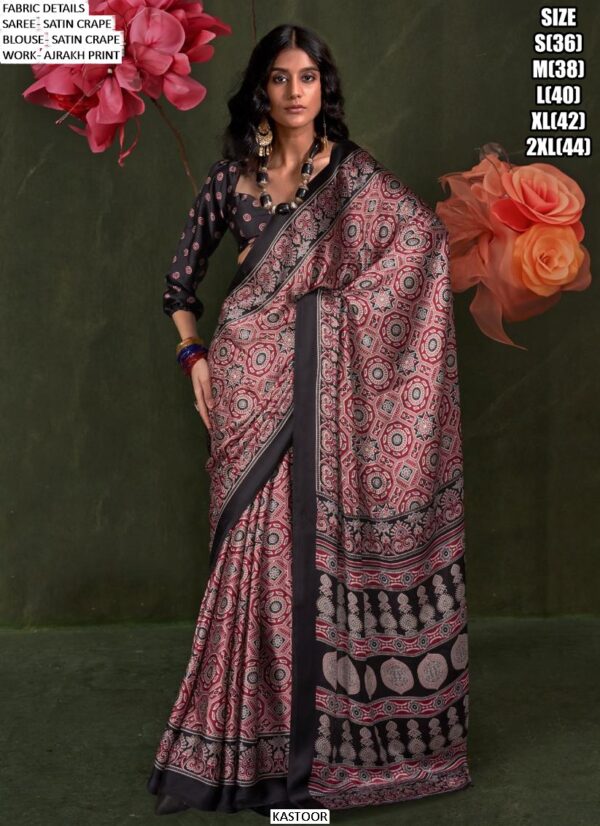 Printed Ajrakh Satin Crape Festive Wear Sarees With Ethnic Artistic Patterns