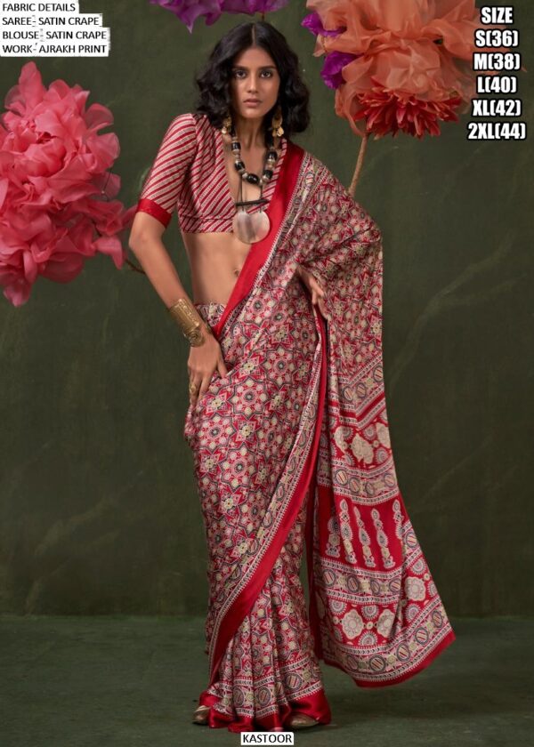 Printed Ajrakh Satin Crape Festive Wear Sarees With Ethnic Artistic Patterns