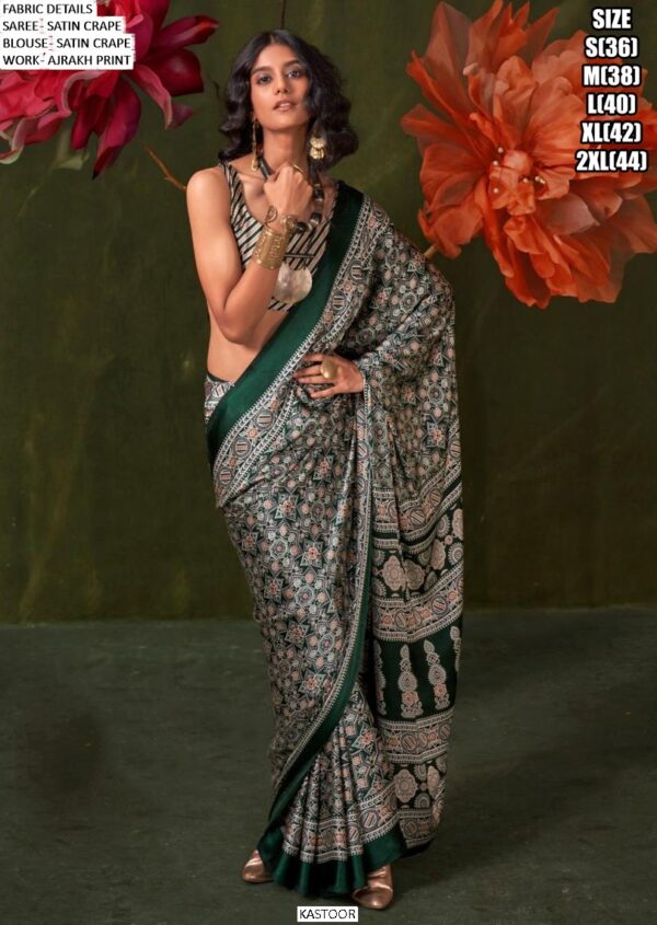 Printed Ajrakh Satin Crape Festive Wear Sarees With Ethnic Artistic Patterns