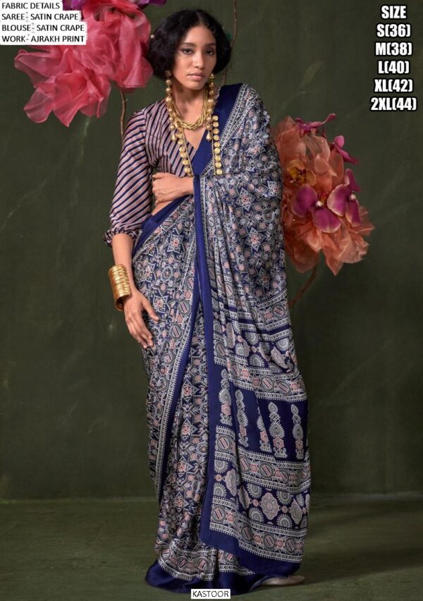 Printed Ajrakh Satin Crape Festive Wear Sarees With Ethnic Artistic Patterns