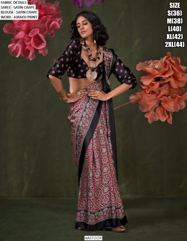 Printed Ajrakh Satin Crape Festive Wear Sarees With Ethnic Artistic Patterns
