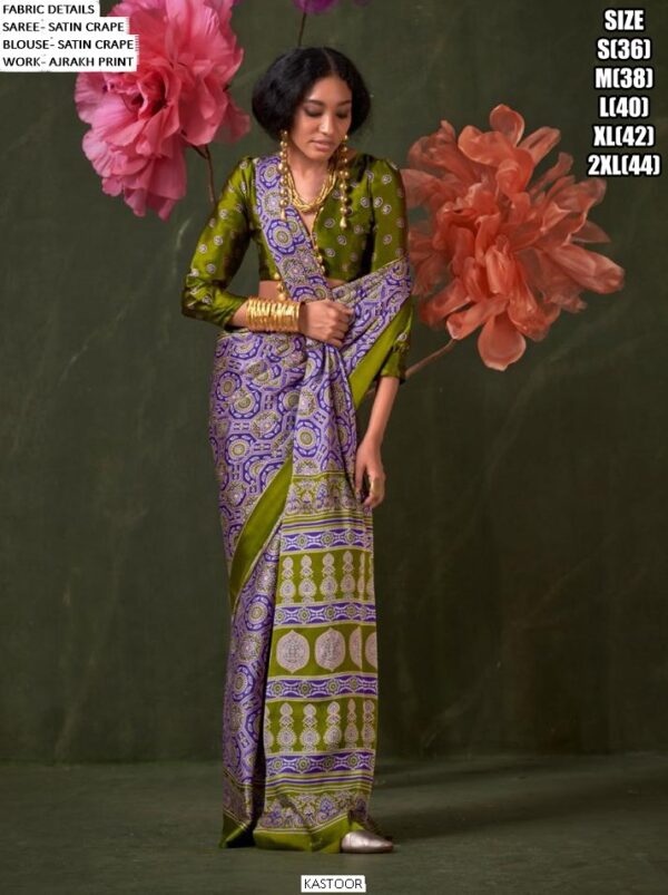 Printed Ajrakh Satin Crape Festive Wear Sarees With Ethnic Artistic Patterns