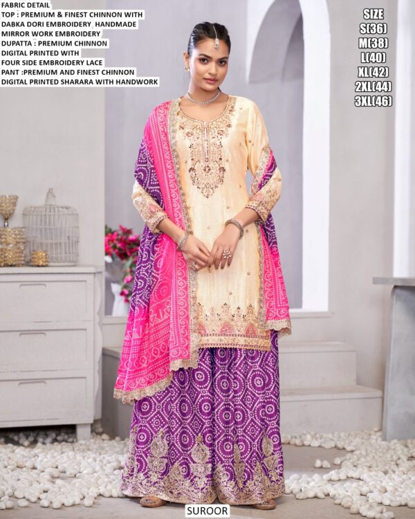 Functions Wear Premium And Finest Chinon Sharara Suit With Mirror And Zari Work