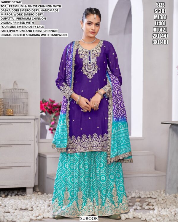 Functions Wear Premium And Finest Chinon Sharara Suit With Mirror And Zari Work