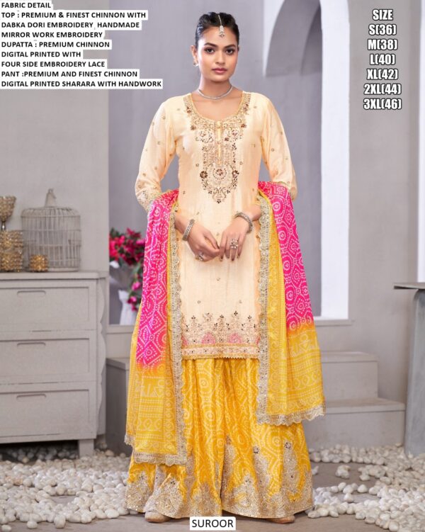 Functions Wear Premium And Finest Chinon Sharara Suit With Mirror And Zari Work