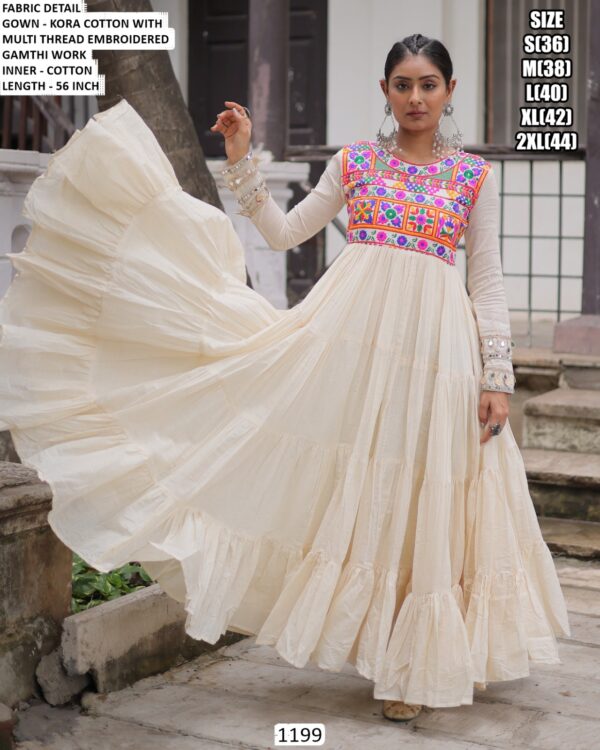 Off-White Colour Navratri Special Kora Cotton Multi Thread Embroidered Gown