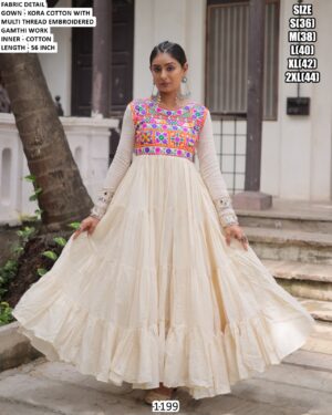 Off-White Colour Navratri Special Kora Cotton Multi Thread Embroidered Gown