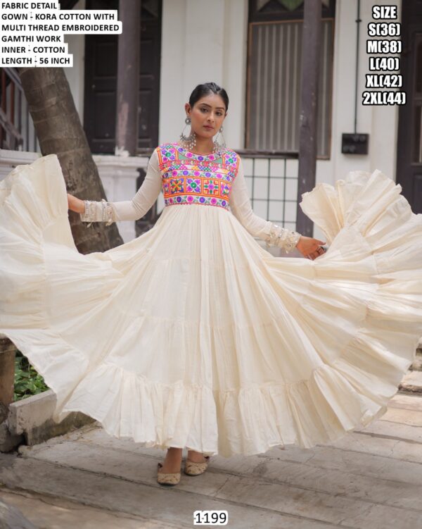 Off-White Colour Navratri Special Kora Cotton Multi Thread Embroidered Gown