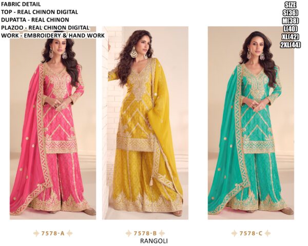 Readymade Real Chinon Occasion Wear Plazo Style Three-Piece Salwar Kameez Suits