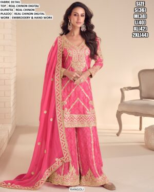 Readymade Real Chinon Occasion Wear Plazo Style Three-Piece Salwar Kameez Suits