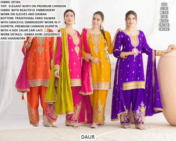 Elegant Embroidery Handwork Premium Chinon Salwar Suit With Farshi Salwar And Dupatta