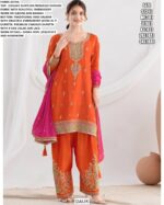 Elegant Embroidery Handwork Premium Chinon Salwar Suit With Farshi Salwar And Dupatta