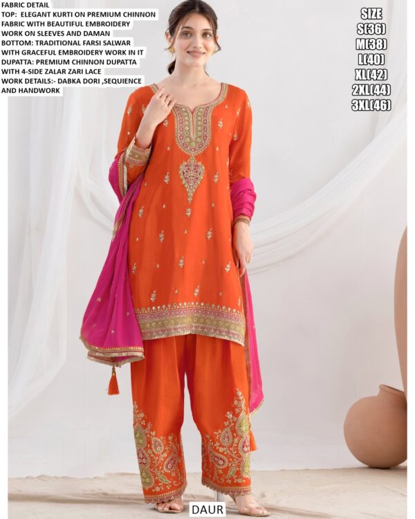 Elegant Embroidery Handwork Premium Chinon Salwar Suit With Farshi Salwar And Dupatta