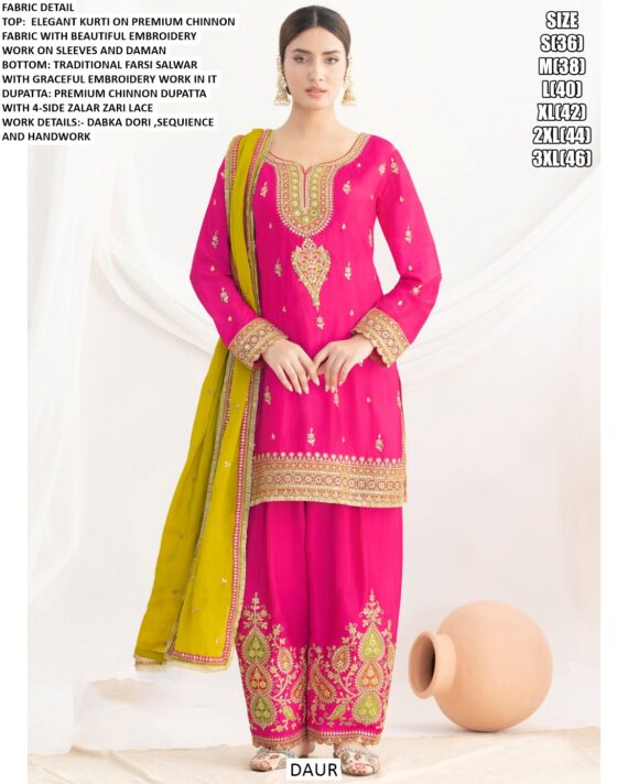 Elegant Embroidery Handwork Premium Chinon Salwar Suit With Farshi Salwar And Dupatta