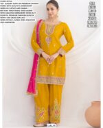 Elegant Embroidery Handwork Premium Chinon Salwar Suit With Farshi Salwar And Dupatta