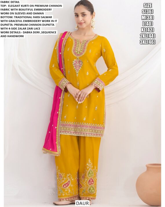 Elegant Embroidery Handwork Premium Chinon Salwar Suit With Farshi Salwar And Dupatta