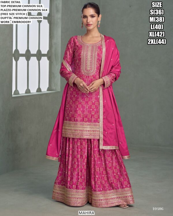 Presenting Latest Collections Of : - Lovely Embroidery Designer Premium Chinon Silk Plazo Dresses