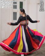 Beautiful Colour Combination Roman Fabric Gamthi Work Navratri Lehenga Choli With Koti
