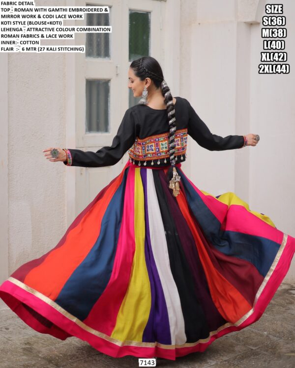 Beautiful Colour Combination Roman Fabric Gamthi Work Navratri Lehenga Choli With Koti