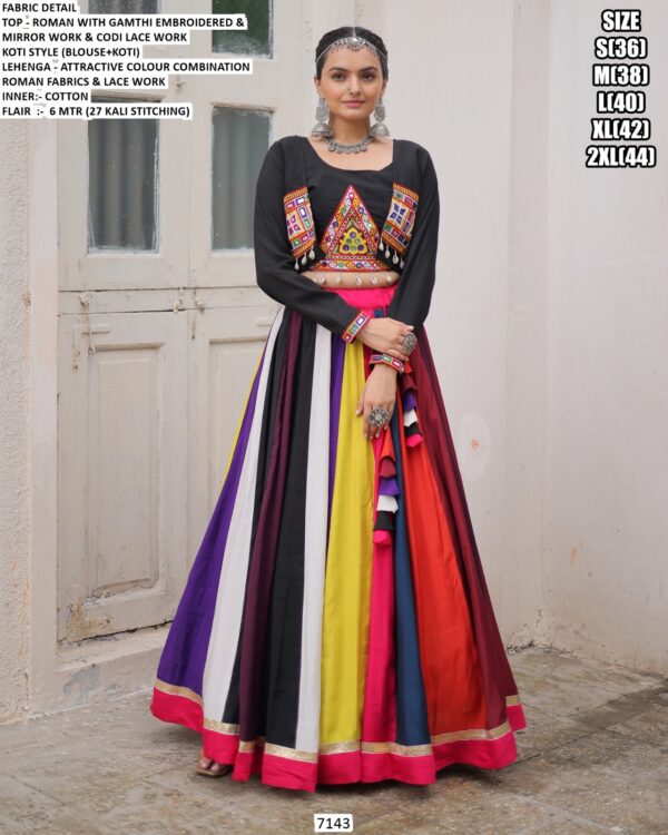 Beautiful Colour Combination Roman Fabric Gamthi Work Navratri Lehenga Choli With Koti