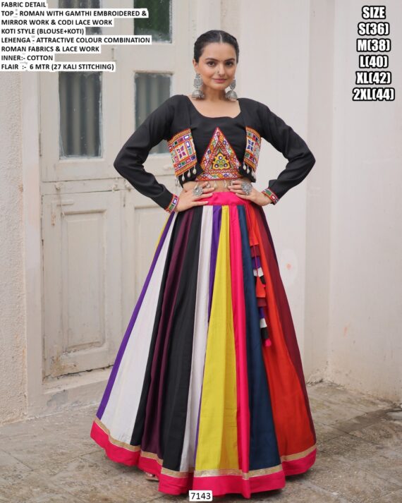 Beautiful Colour Combination Roman Fabric Gamthi Work Navratri Lehenga Choli With Koti