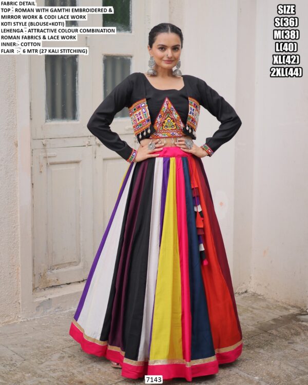 Beautiful Colour Combination Roman Fabric Gamthi Work Navratri Lehenga Choli With Koti