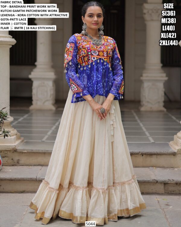 Navratri Lehenga Choli - Attractive Gota Patti Lace Kora Cotton Lehenga With Bandhani Printed Top