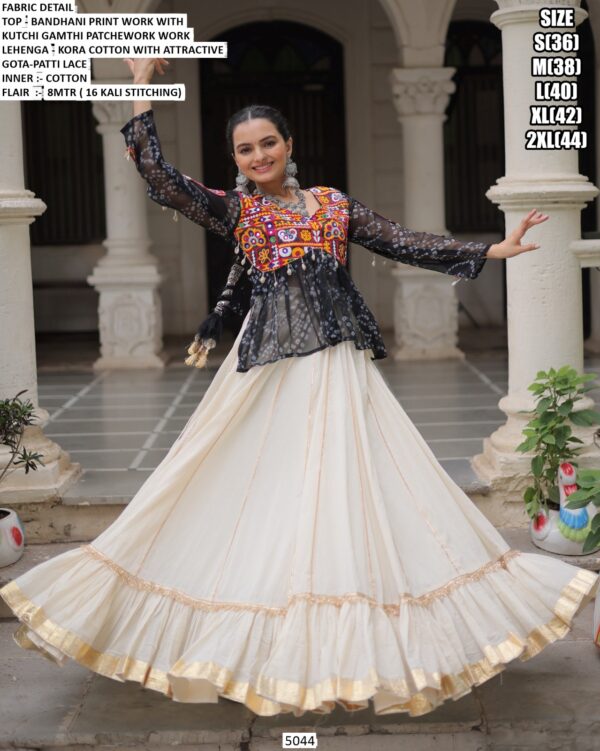 Navratri Lehenga Choli - Attractive Gota Patti Lace Kora Cotton Lehenga With Bandhani Printed Top