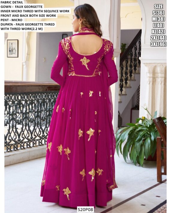 Buy New Anarkali Faux Georgette Birds Designer Wedding Wear Gown With Dupatta