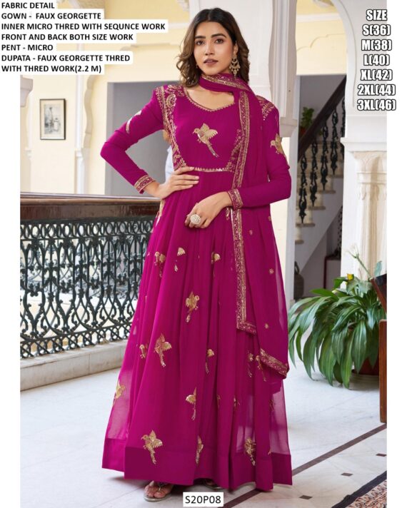 Buy New Anarkali Faux Georgette Birds Designer Wedding Wear Gown With Dupatta