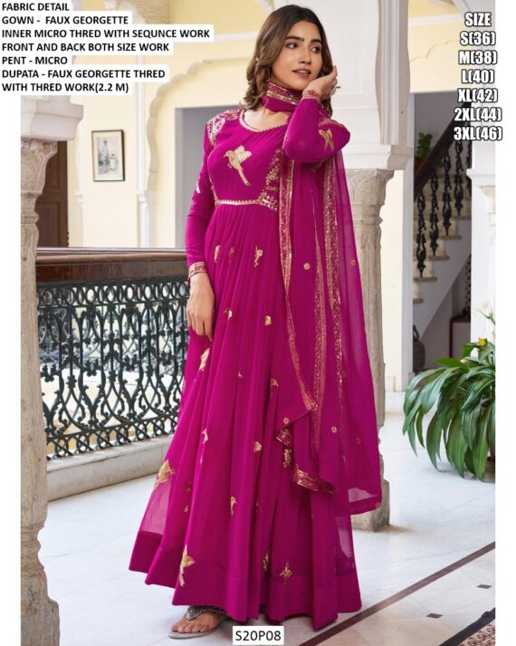 Buy New Anarkali Faux Georgette Birds Designer Wedding Wear Gown With Dupatta